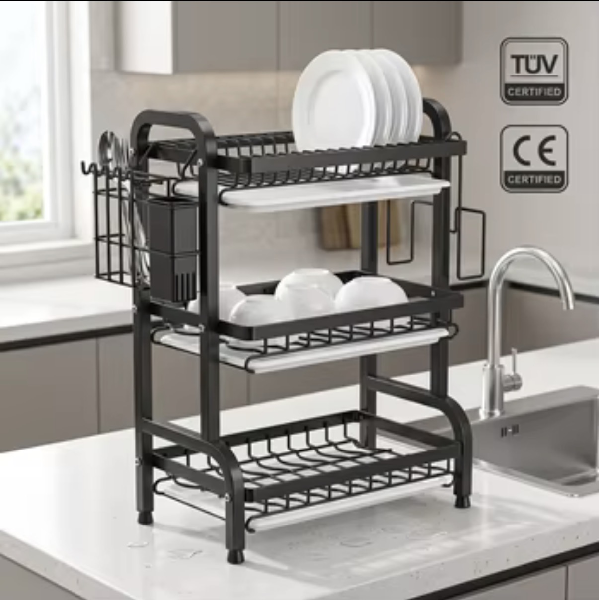 Upgraded 3-Tier Carbon Steel Dish Drying Rack